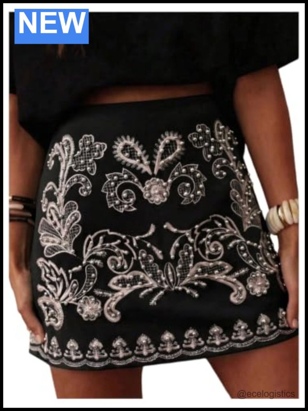 Floral Beaded Embroidery Boho High Waisted A-Line Mini Skirt